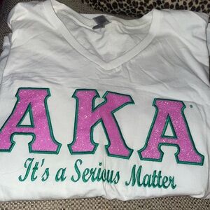 White V-Neck T-Shirt with Pink and Green AKA Print